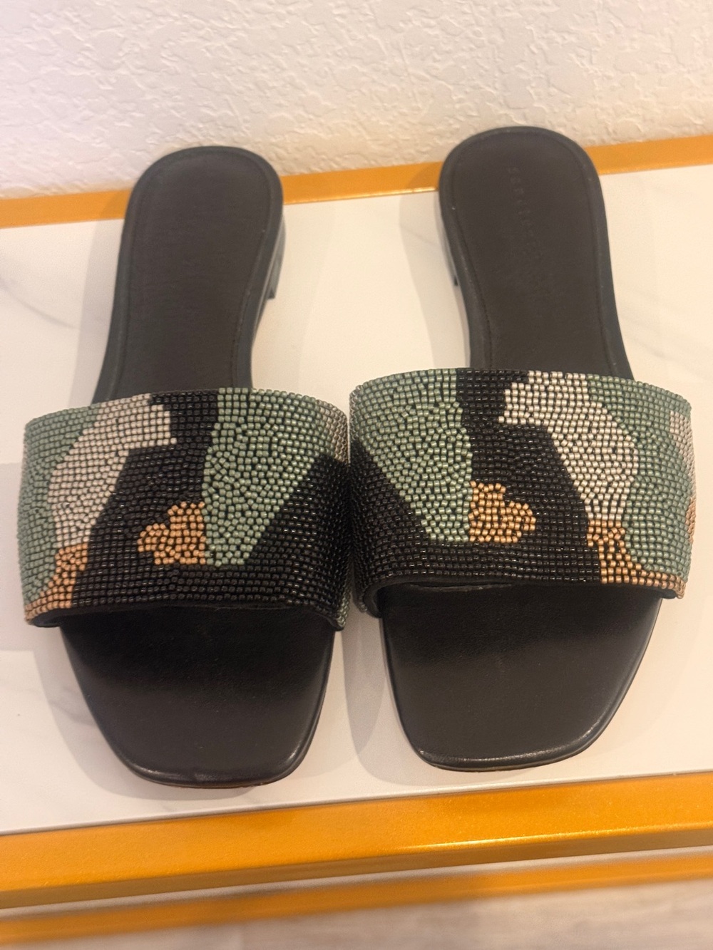 Sanctuary Black Slide Sandals with Green, Cream and Gold Beaded Strap